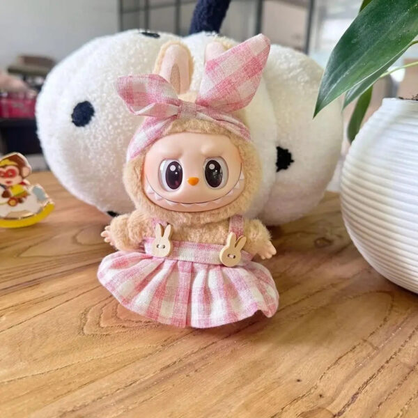 Labubu Clothes Handmade Labubu Plaid Pink Green Dress Outfit with Accessories 3